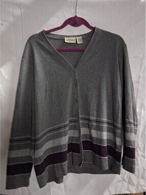 Classic Elements Gray And Purple Striped Button Up Cardigan I2